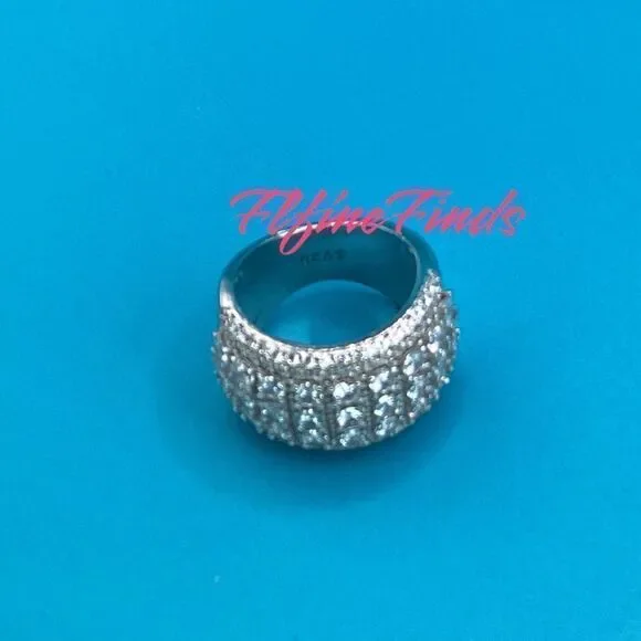 🧊💍Wide Luxurious Silver CZ Diamond 5-Row Sparkle Band Statement Cocktail Ring - Picture 15 of 17